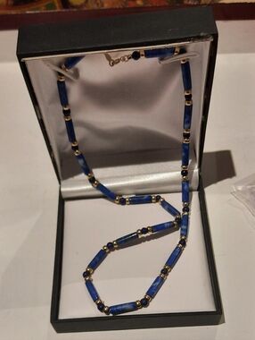 Solid 14K Yellow Gold Genuine Lapis Blue Beaded Necklace W/ 14K Gold Accents 18"